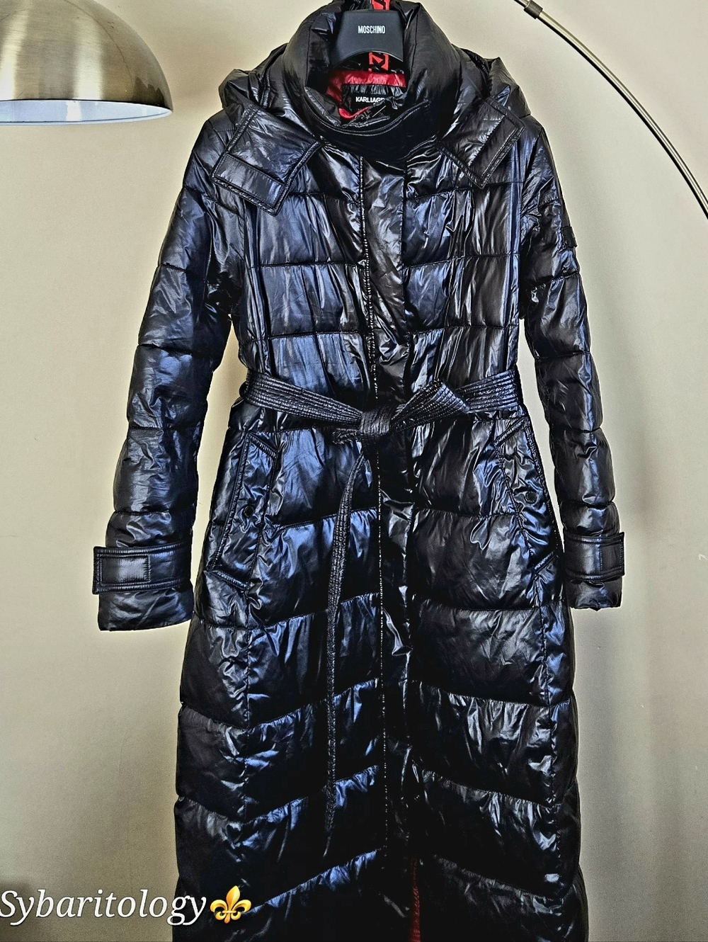 KARL LAGERFELD Contrast Black/Red Quilted Belted Long Puffer Down Coat Size:L